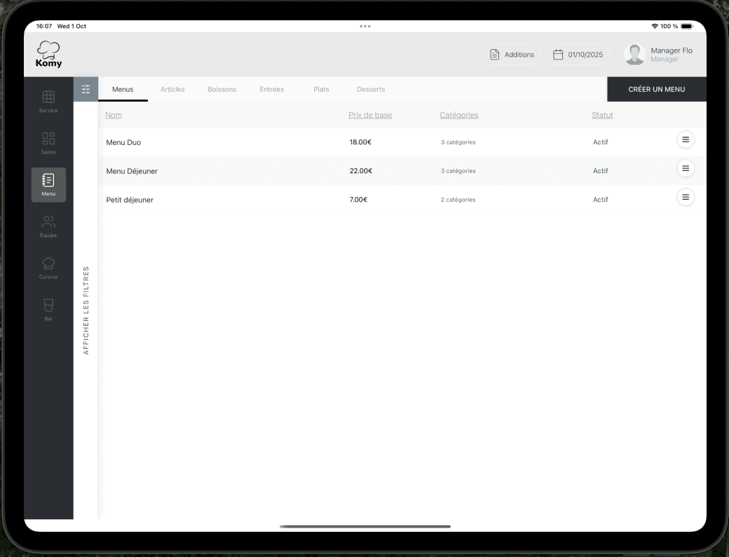 Gestion de menu intuitive
